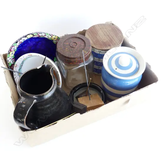 BOX CORNISH WARE + LIDDED JARS + MALING DISH ETC
