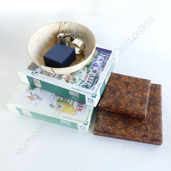 2 NEW YORKER PUZZLES, 2 CASED EP CUTLERY SETS, MARBLE BOWL 200mm dia ETC