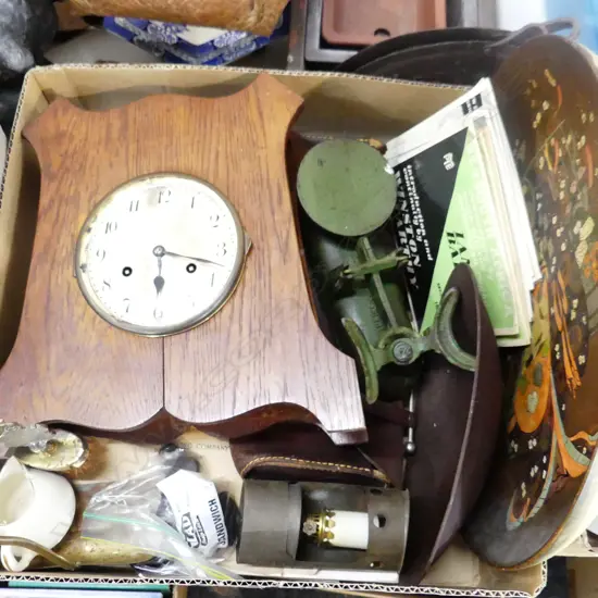 BOX LOT PRINTS, CLOCK, RECORDS, SCALES, LG JAPANESE CHARGER ETC