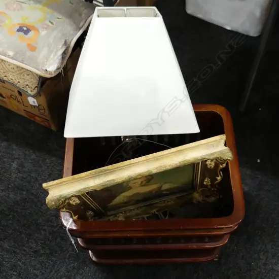 LAMP, GILT FRAME PRINT, ASST. EP CUTLERY, GLASS 'FLAME' LIGHT FITTING, ALL IN WOODEN WASTE PAPER BIN