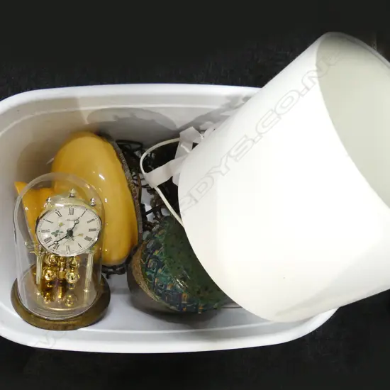 BOX LOT ASST. LIGHT FITTINGS, LAMP, DOME CLOCK ETC