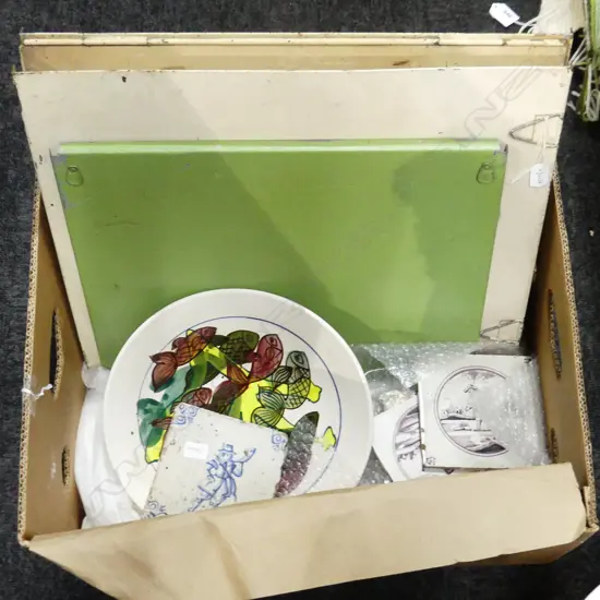 BOX LOT OF 7 OLD TILES A DECONSTRUCTED 40S FOOD SAFE AND BOWL BY WARREN TIPPET