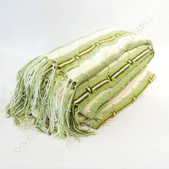 HAND CROCHETED BLANKET; GREEN / WHITE QUEEN SIZE