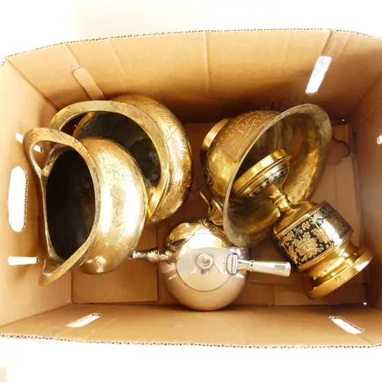 BOX LOT ASST. BRASS INCENSE BURNERS /  JARDINERES, EP TEAPOT ETC