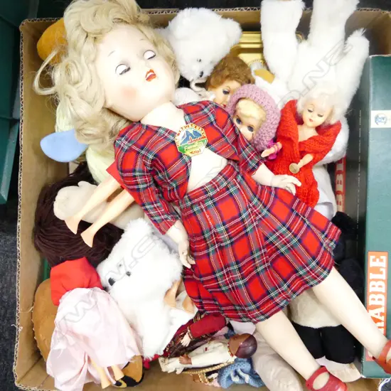 BOX LOT WALKING DOLL, TEDDIES, SCRABBLE ETC