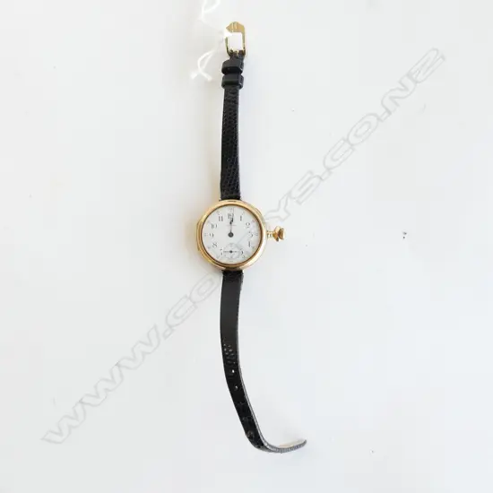 14CT GOLD ROY ASSAY, US, WATCH, LEATHER STRAP  - NOT WORKING 26GMS