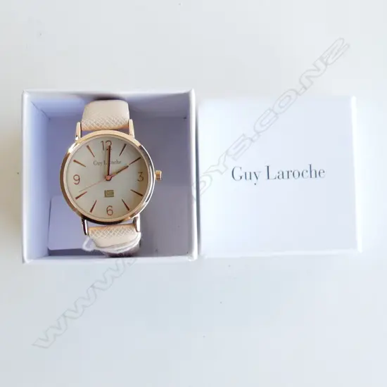 GUY LAROCHE FASHION WATCH; PINK BAND & ROSE GOLD, WORKING & IN ORIGINAL BOX