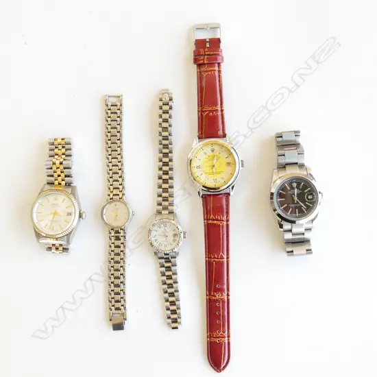 BAG 3 OLD FAUX DESIGNER MENS WATCHES - A/F & 2 FAUX DESIGNER LADIES WATCHES