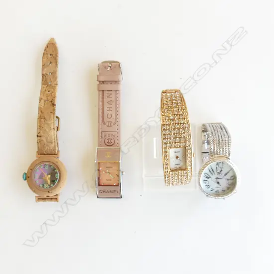 FAUX DESIGNER PINK WATCH, SWISS TLD CORK WATCH  & 2 ORNATE LAMEE WATCHES WITH NEW BATTERIES 