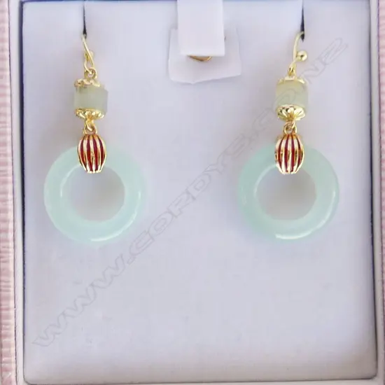 PR NATURAL ICE JADE & 925 GOLD GILDED SILVER HOOP EARRINGS - BOXED