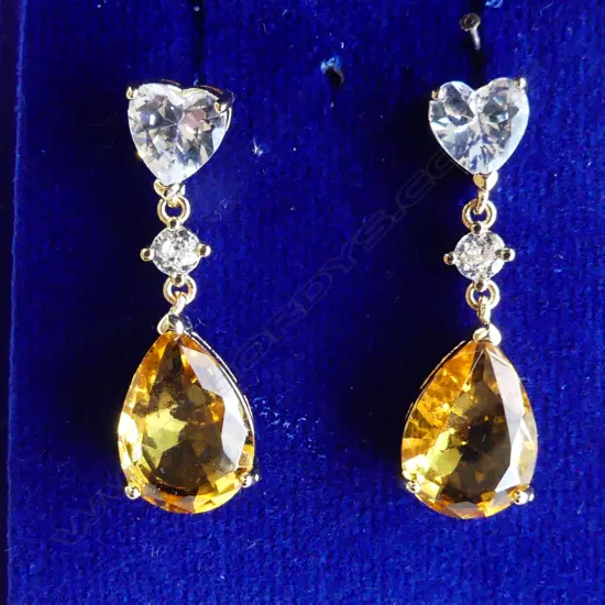 PR DROP EARRINGS; PEAR SHAPED CITRINE & FAUX DIAMOND - POST ON ONE EARRING HAS SNAPPED OFF & WILL NEED REPAIR - BOXED