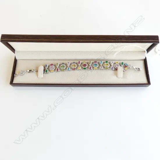 BEAUTIFUL MULTI GEM & FAUX DIAMOND SET WIDE BAND BRACELET - IN BOX - COSTUME