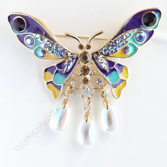 LG ENAMEL & GEM SET GILT BROOCH W. 70mm