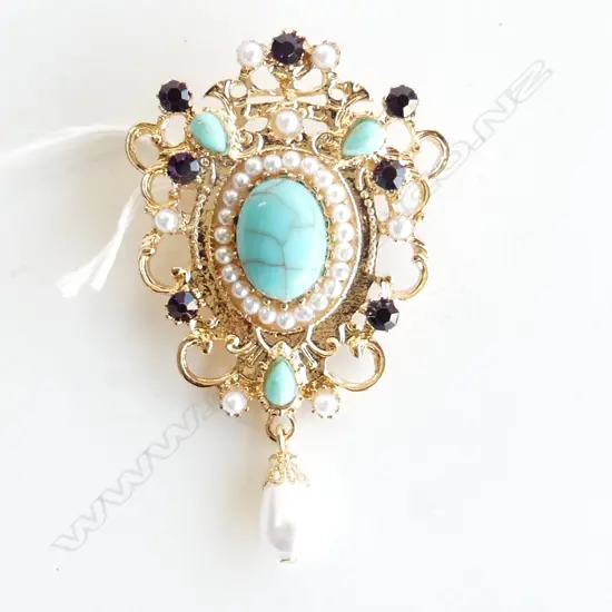 GOLD GILT GEM SET BAROQUE STYLE BROOCH / PENDANT L. 70mm