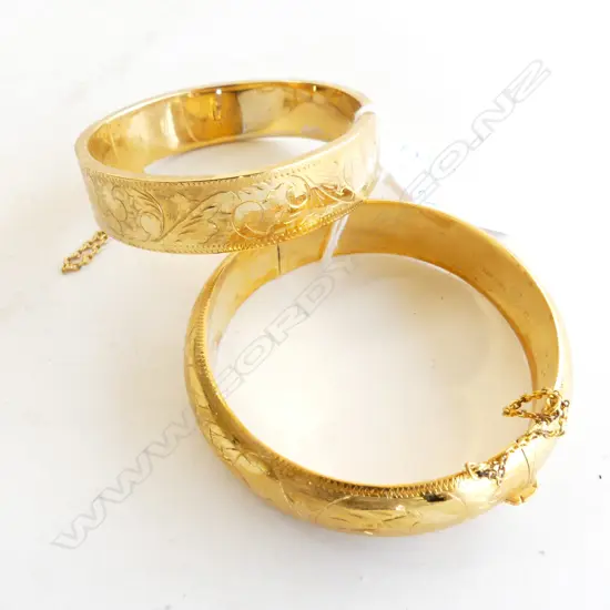 TWO VINTAGE GOLD PLATED BRACELETS WITH HINGE & SAFETY CHAIN