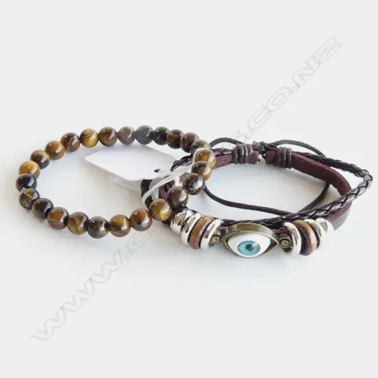 TIGERS EYE BEAD BRACELET & CALF LEATHER, CATS EYE & STAINLESS STEEL BRACELET 