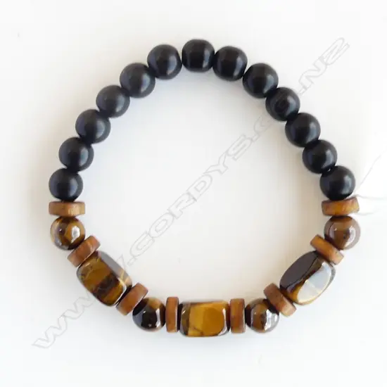 NATURAL TIGERS EYE & OBSIDIAN BEAD BRACELET