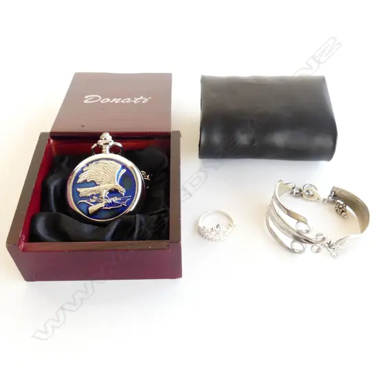 BAG ASST - MODERN DONATI FOB WATCH, WORKING & IN ORIG. WOODEN BOX + SILVER PLATE FORK BRACELET, CROWN DRESS RING