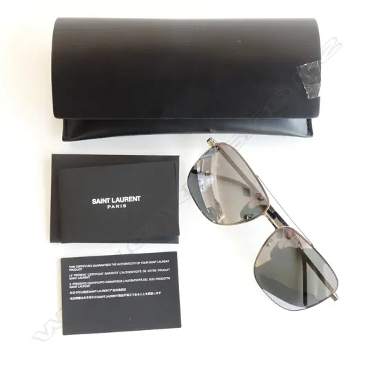 ST. LAURENT SILVER FRAME AVIATOR SUNGLASSES IN POUCH WITH AUTHENTICITY CARD