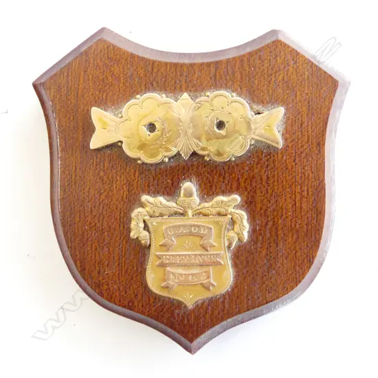 2 9CT GOLD BADGES MOUNTED ON SMALL MAHOGANY SHIELD 95x95mm