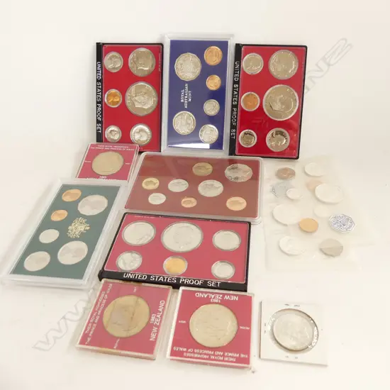 8 PROOF COIN SETS; 5x USA, 3x AUST. + NZ 1940 HALF CROWN + 3 1983 ROYAL VISIT COINS
