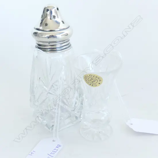 S/SILVER TOPPED CRYSTAL SUGAR CASTER & MINI CRYSTAL VASE 