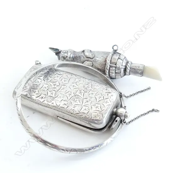 3PCS S/SILVER ALL DAMAGED  SOV CASE CHILDS BUNNY TEETHER & CHILDS BANGLE TOTAL WIEGHT 56grms