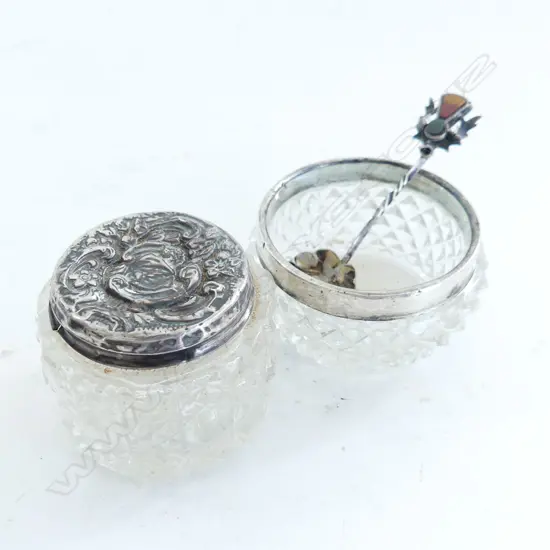 S/SILVER TOPPED SMALL JAR  SILVER RIMMED CRYSTAL SALT & S/SILVER SCOTTISH SALT SPOON 