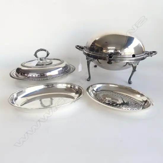 VICTORIAN ROLL TOP SILVER PLATE BREAKFAST SERVER (L. 355mm) + ASST SILVER PLATE DISHES & LIDS 