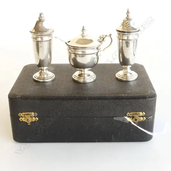 CASED STG SILVER CONDIMENT SET; S&P SHAKERS, LIDDED LINED MUSTARD POT & SPOON  (SILVER WGT 125GMS) SHEFF. 1949