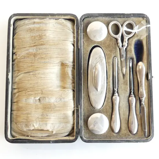 VINTAGE CASED 7 PC STG SILVER  MANICURE SET, BIRM. 1909 (CASE HAS WEAR)
