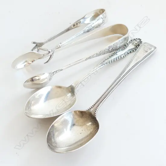 2 S/SILVER TEA SPOONS & 2 S/SILVER PRS OF TONGS  80grms