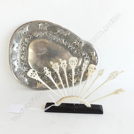 10 IVORY FIGURAL PICKS ON STAND & SILVERED DISH WITH ANIMAL BORDER