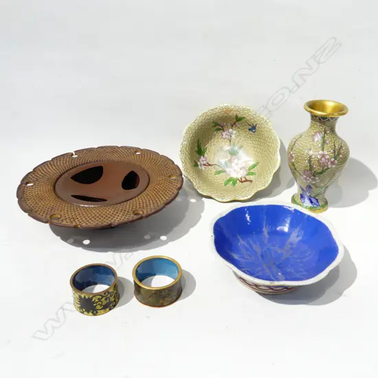 6 ORIENTAL PCES; CAST IRON INCENSE BURNER 220mm dia, 2 BOWLS, PR CLOISONNE NAPKINS & VASE H.150mm
