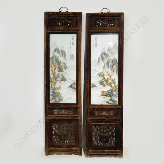 PR CHINESE PANELS; CERAMIC PLAQUE IN CARVED WOODEN FRAME 1330x340mm