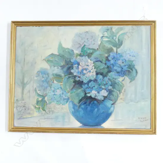 R. SCOTT, BLUE HYDRANGEA STILL LIFE OIL ON BOARD, 1949 445x595mm
