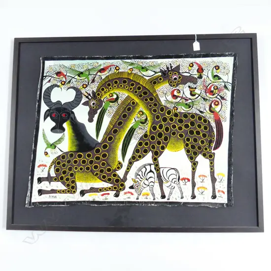 FRAMED TANZANIAN TINGATINGA OIL PAINTING - WILD ANIMALS. SIGNED SIYAYA 610 X 810mm