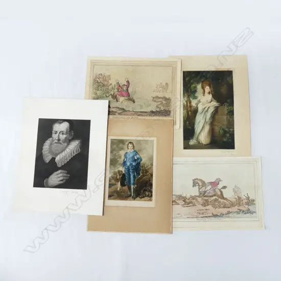 5 19thC PRINTS; 3 SIGNED PORTRAITS, PR HUNTING SCENES; HOUNDS IN FULL CRY & COMING IN AT THE DEATH 285x390mm UNFRAMED