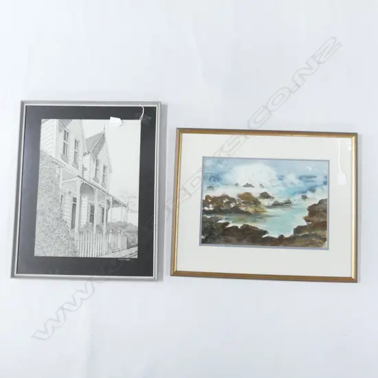 2 SIGNED ARTWORKS; COASTAL W/C 240x350mm, COLONIAL HOUSES ETCHING 395x290mm