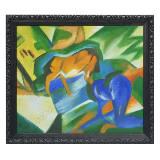 J HAND (AFTER FRANZ MARC), RED & BLUE HORSES, OIL ON CANVAS, UNSIGNED, 495 x 590mm