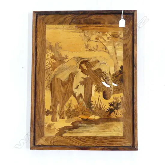 FRAMED WOODEN INLAID PICTURE OF INDIAN ELEPHANT 630 X 480mm