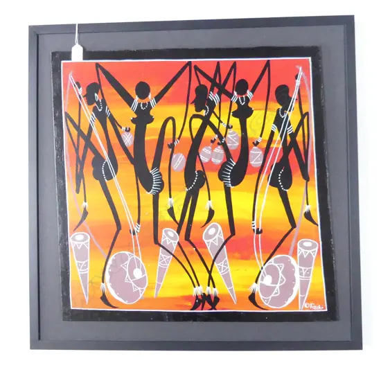 FRAMED TANZANIAN TINGATINGA OIL PAINTING OF DANCERS, SIGNED O FAIKI 600 X 600mm