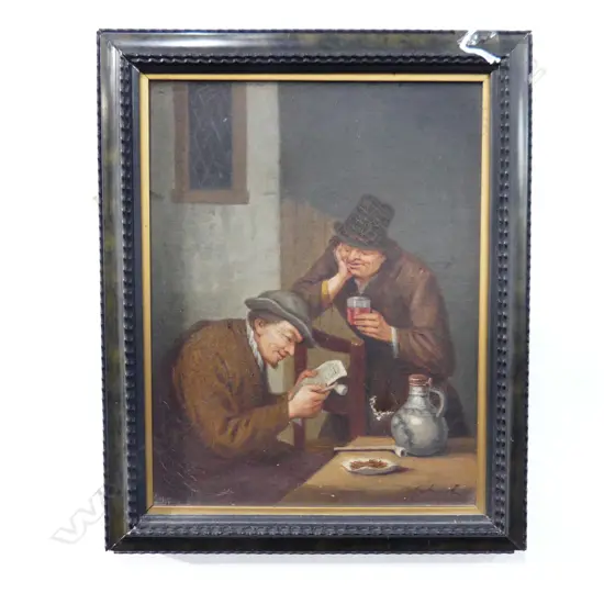 SMALL CONT OIL 2 MEN DRINKING & SMOKING SIGNED INDISTINCTLY H290MM W235MM