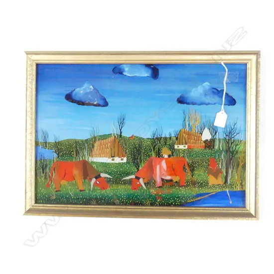REVERSE PAINTED GLASS ARTWORK SIGNED STEFAN D. 75, RED COWS IN LANDSCAPE 330x490mm