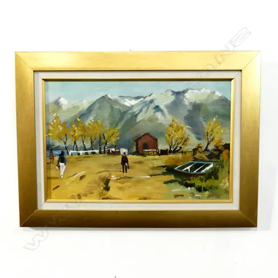 GASTON DE VAL STYLE STEAMSHIP DEPOT, GLENORCHY SI,  OIL ON BOARD 280 x 450mm