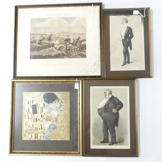 4 PRINTS; 2 VANITY FAIR PORTRAITS - 1900s GENTS, KLIMT THE KISS, STEEPLE CHASE LITHOGRAPH (FOXING) 450x530mm