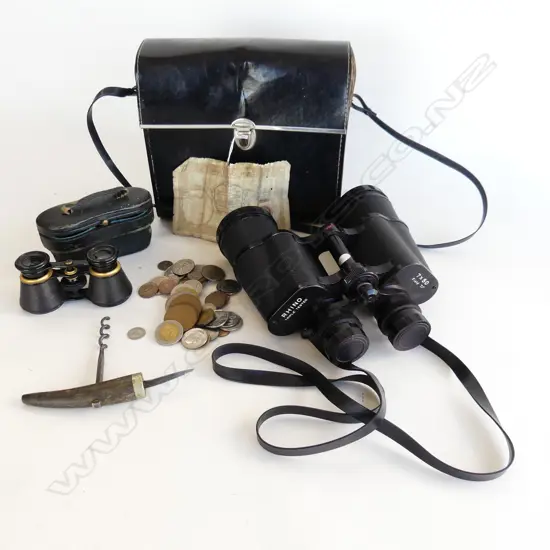 RHINO BINOCULARS, CASED, SKEATES BROS. OPERA GLASSES, CASED + ASST. WORLD COINS, WINE CORKER