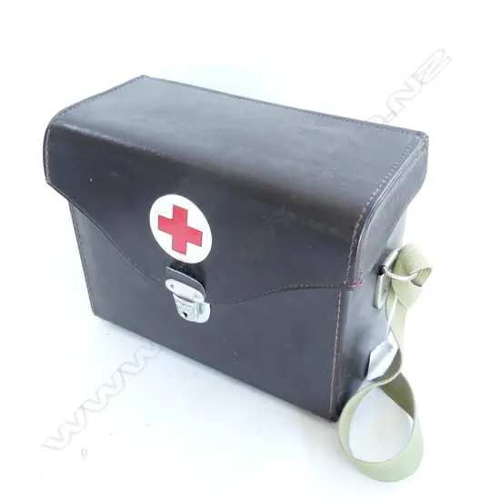 VINTAGE RED CROSS FIRST AID KIT BAG, LEATHERETTE WITH KHAKI WEBBING STRAP H. 200 X 260 X 125mm