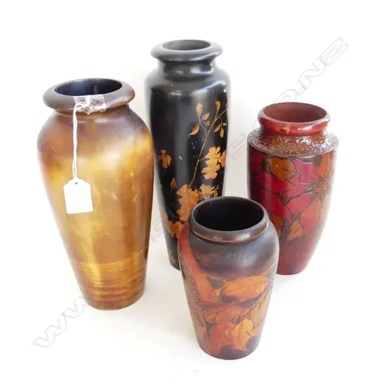 4 CARVED & PAINTED WOODEN VASES TALLEST 250MM