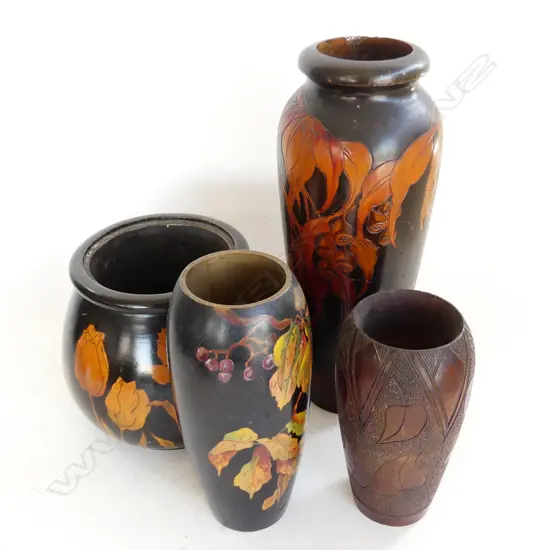 CARVED/PAINTED WOODEN VASES  4 TALLEST 315MM